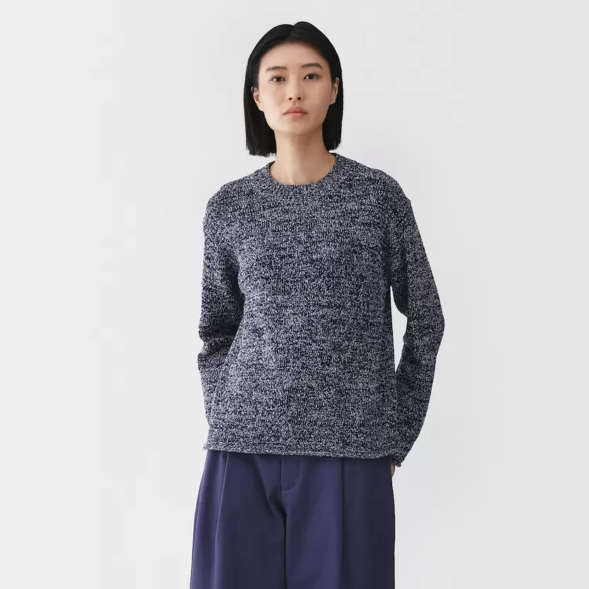 Jersey de cuello redondo en textura bouclé de mezcla de algodón para mujer