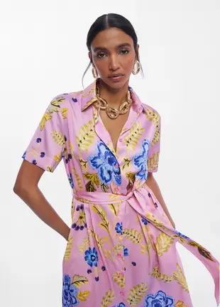 Satin Shirt Dress with Short Sleeves Floral Print
