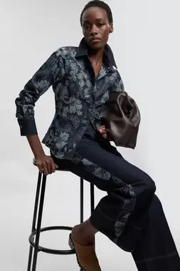 Denim & Jacquard Contrast Wide Leg Jean