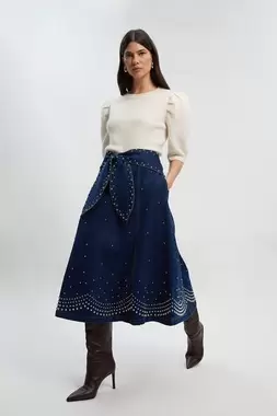 Denim Placed Stud Tie Belt Full Midi Skirt