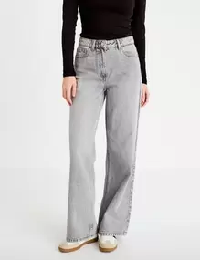 Jeans wide leg taille haute denim gris femme