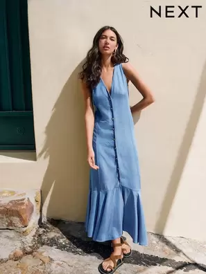 Azul - Falda a media pierna con diseño abotonado