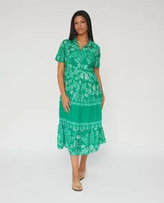 Vestido Estampado Cuello Solapa Manga Corta Verde