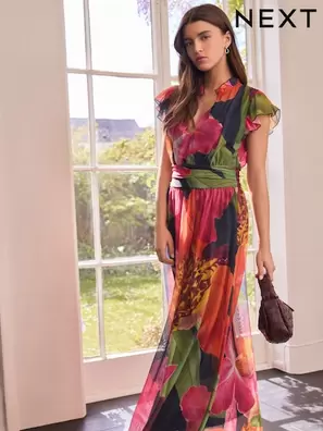 Colección Kew Floral Azul Marino - Vestido midi de malla plisada con cuello en pico y estampado para ocasiones especiales