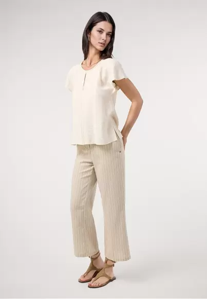 Pantalón culotte rayas lino. Traje BEIGE