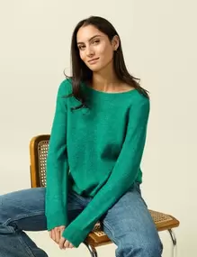 Pull col bateau manches longues vert femme