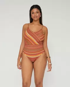 Bañador Cruzado Con Estampado De Rayas Marrón