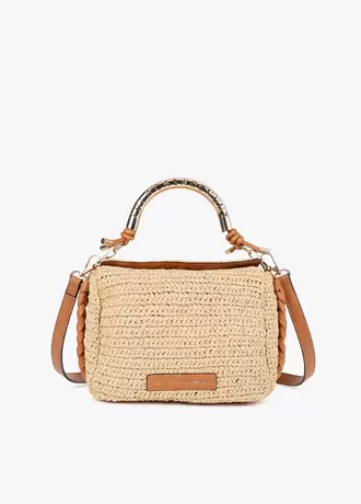 Combined Straw Effect Crossbody with Perforated Logo Handle