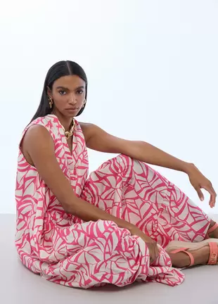 Leaf Print Volume Dress V-Neck