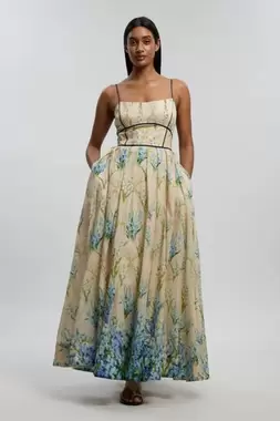 Silk Cotton Floral Strappy Woven Maxi Dress