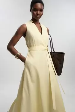 Tailored Linen Wrap Tie Waisted Maxi Dress