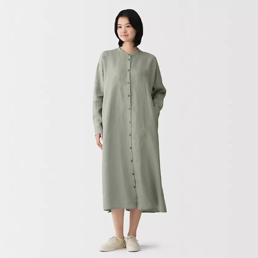 Vestido camisero de cuello alto de lino lavado para mujer