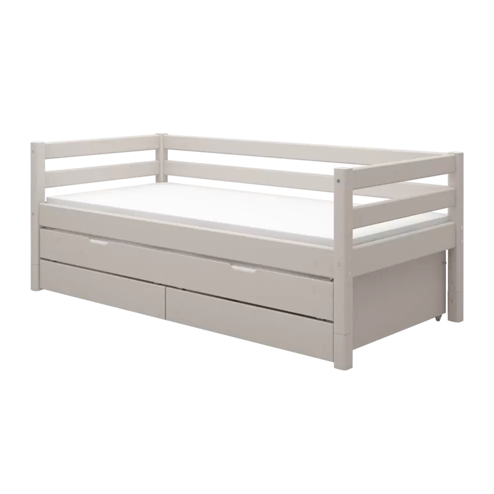 Cama individual con cama nido, almacenaje y barrera de seguridad, 90x200 cm, Gris