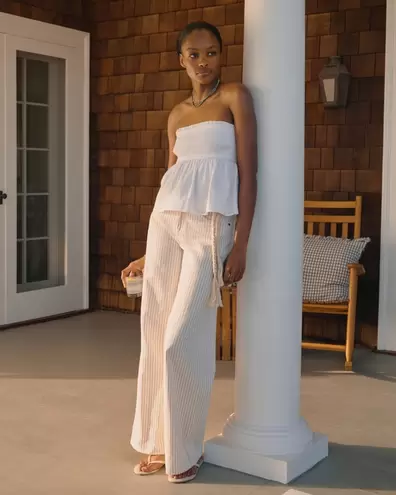 Linen-Blend High Rise Wide Leg Striped Jean