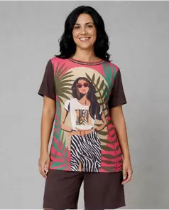 Camiseta Bimateria Estampada Manga Corta Multicolor
