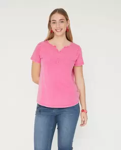 Camiseta Manga Corta Lavada Con Fornitura Rosa