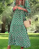 Summer Boho Dresses for Women V Neck Puff Sleeve Floral Flowy Casual Fashion