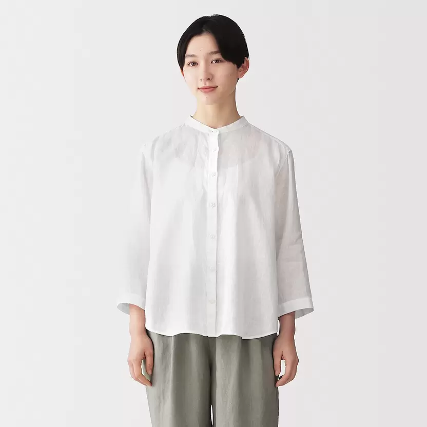 Blusa de cuello alto de lino lavado para mujer