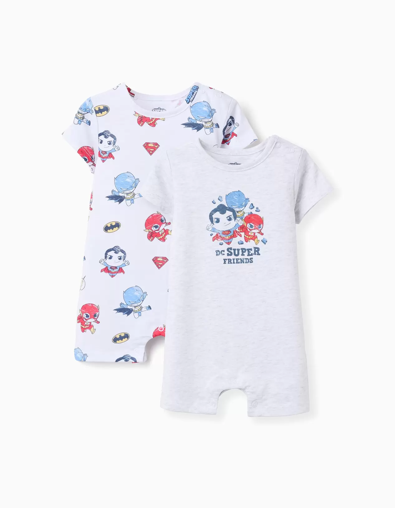 2 cotton rompers with Super Friends for newborn and baby boys, white