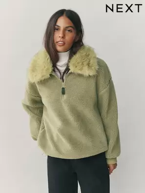 Verde salvia - Forro polar de borreguito con cremallera corta y cuello de piel
