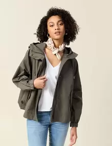 Parka oversize courte à capuche vert kaki femme