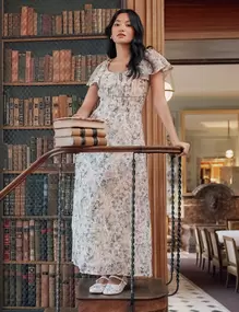 Robe longue évasée brodée Bridgerton bleu ciel femme