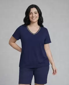 Camiseta Basica Detalle En Escote Azul