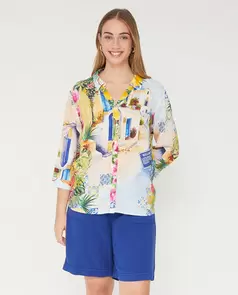 Blusa Cuello Solapa Escote Pico Con Manga Tres Cuartos Azul Cobalto
