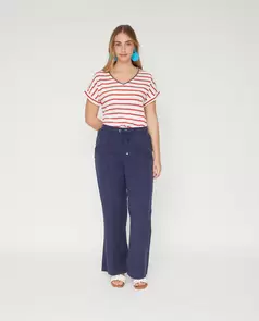 Pantalon Con Cintura Elástica Y Nervio Central Azul Marino