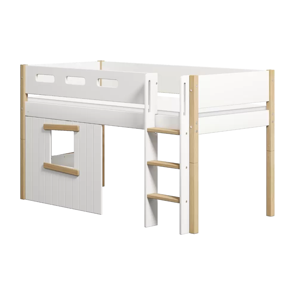 Cama alta 120 cm con casita de árbol, escalera y barrera de seguridad, 90x200 cm, Blanco/Roble