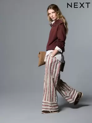 Rayas en piedra/rojo - Crinkle Wide Leg Pull On Trousers