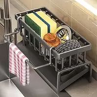 Kitchen Sink Sponge Organizer, Stainless Steel Soap Organizer with Auto Drain Tray, Countertop Storage Rack for Sink or Bathroom, Accessories