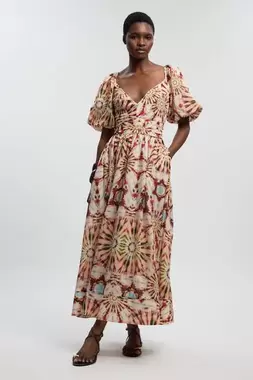 Tile Print Silk Cotton Volume Sleeve Woven Maxi Dress