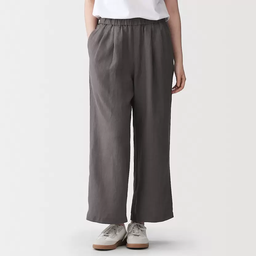 Pantalones de lino lavado y pierna ancha para mujer