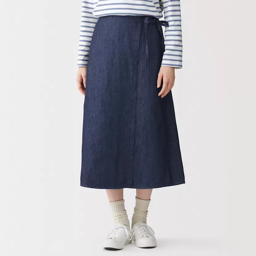 Falda midi de tejido vaquero de mezcla de cáñamo para mujer