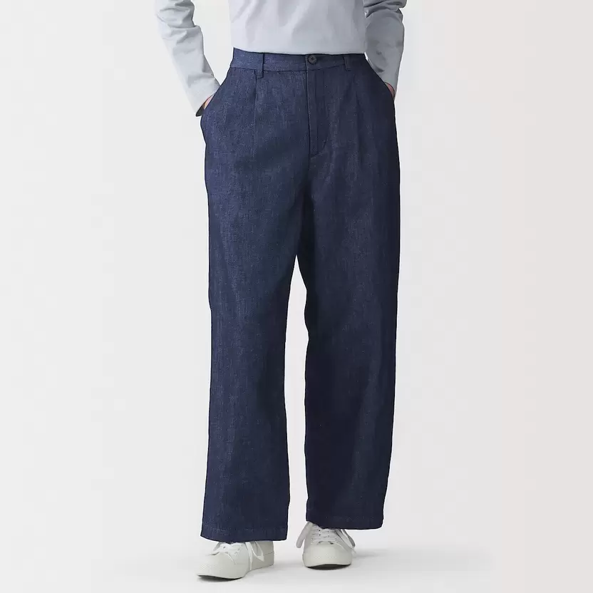 Pantalones recto de tejido vaquero y mezcla de cáñamo para mujer