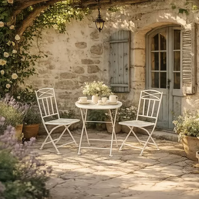 Conjunto de mesa y dos sillas de metal con hojas blanco REVIVAL