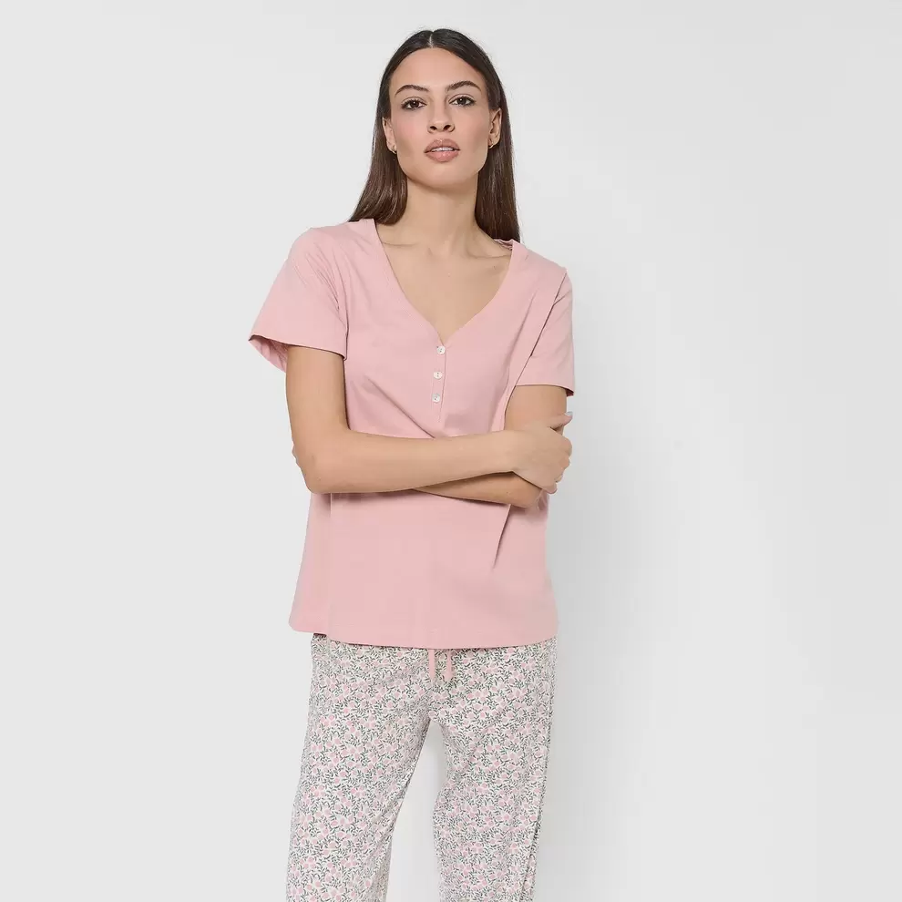 Pijama largo de algodón con escote pico alemania rosa
