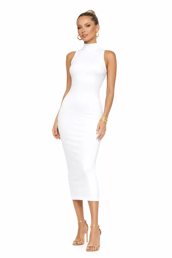 Ribbed Knit Mock Neck Midi Dress