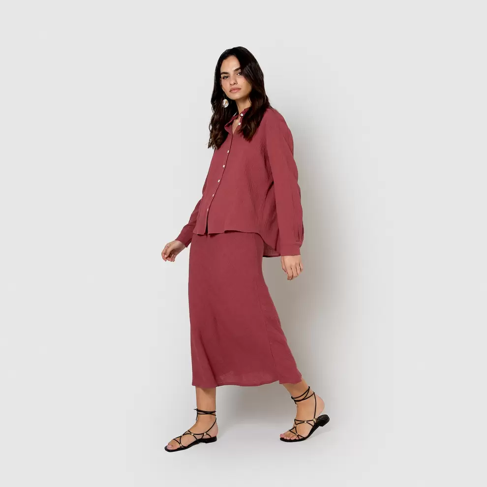 Falda midi evasé algodón lino malva/rosa