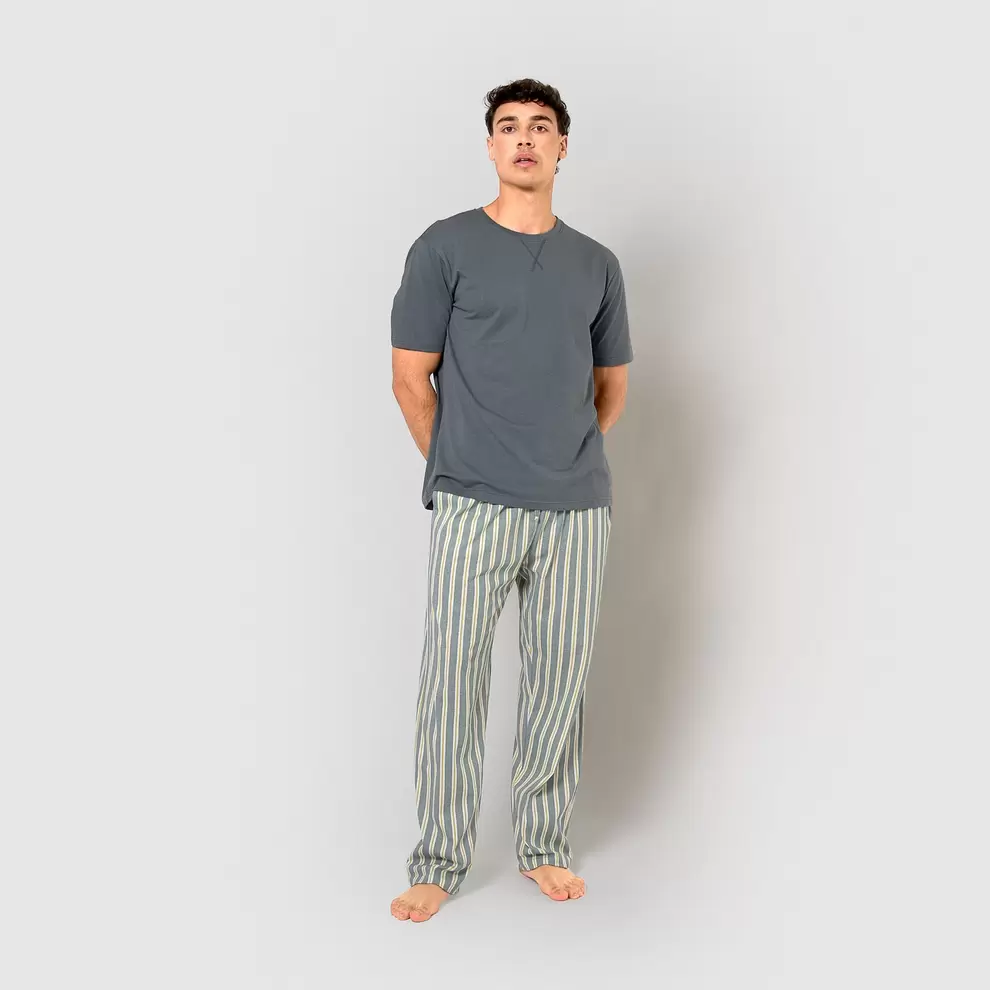 Pijama largo de algodón manga corta raya schon azul grisáceo