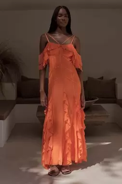 Crinkle Beaded Cold Shoulder Maxi Dress