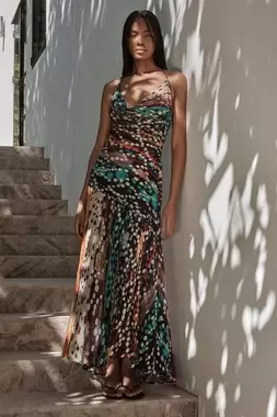 Foil Detail Linear Animal Bias Cut Midi Dress