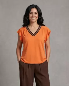 Camiseta Con Rib En Escote Delantero Naranja