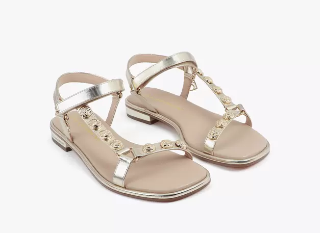 Flat Sandal with Metallic Straps and Golden Appliqués