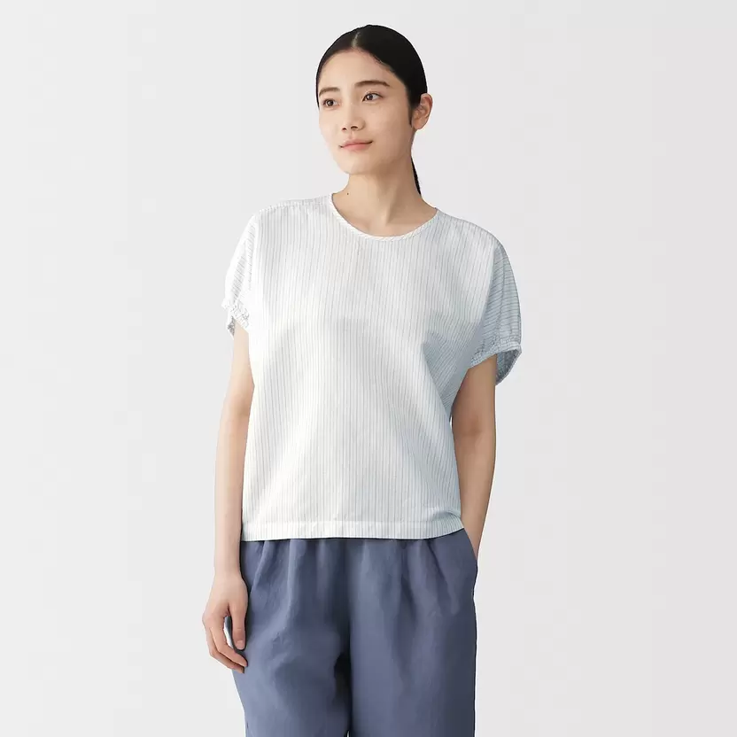 Blusa con mangas fruncidas de mezcla de cáñamo para mujer