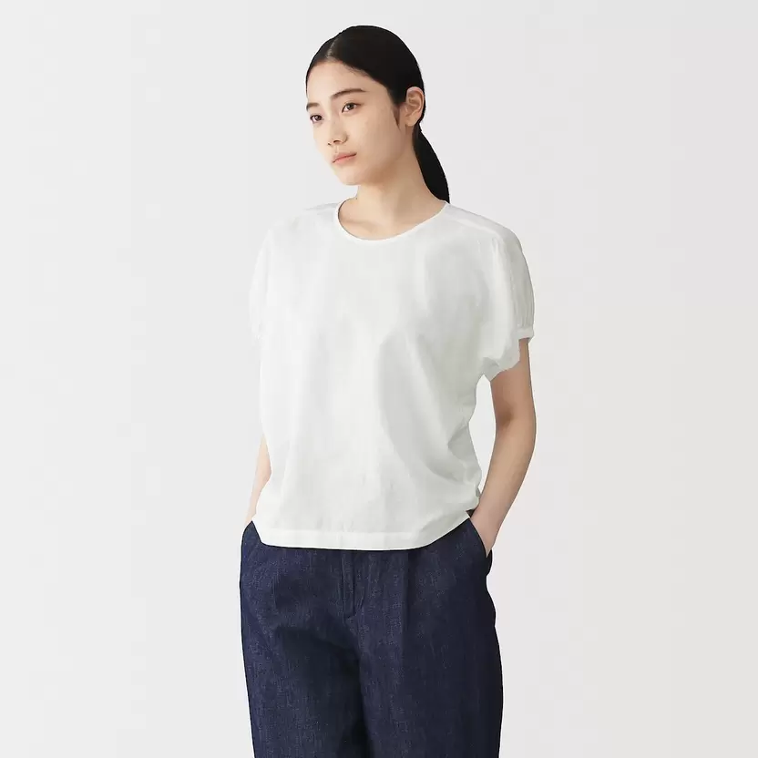 Blusa con mangas fruncidas de mezcla de cáñamo para mujer