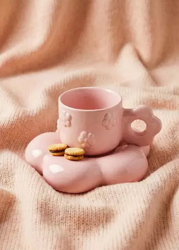 Taza rosa iridiscente con platito...