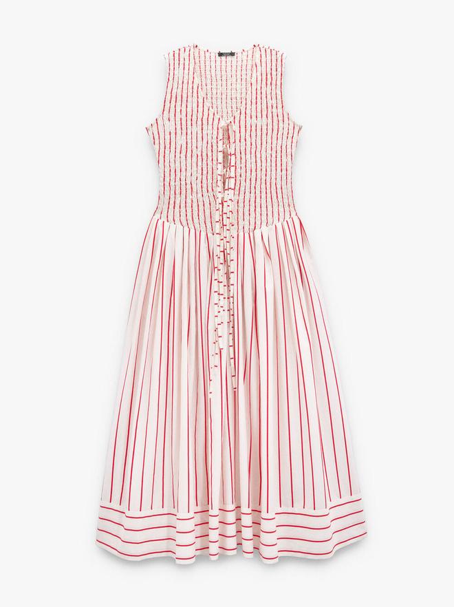Vestido largo a rayas con fruncidos