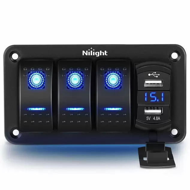 Nilight 3 Gang Rocker Switch Panel w/ 4.8 Amp Dual USB Charger Voltmeter 12V-24V